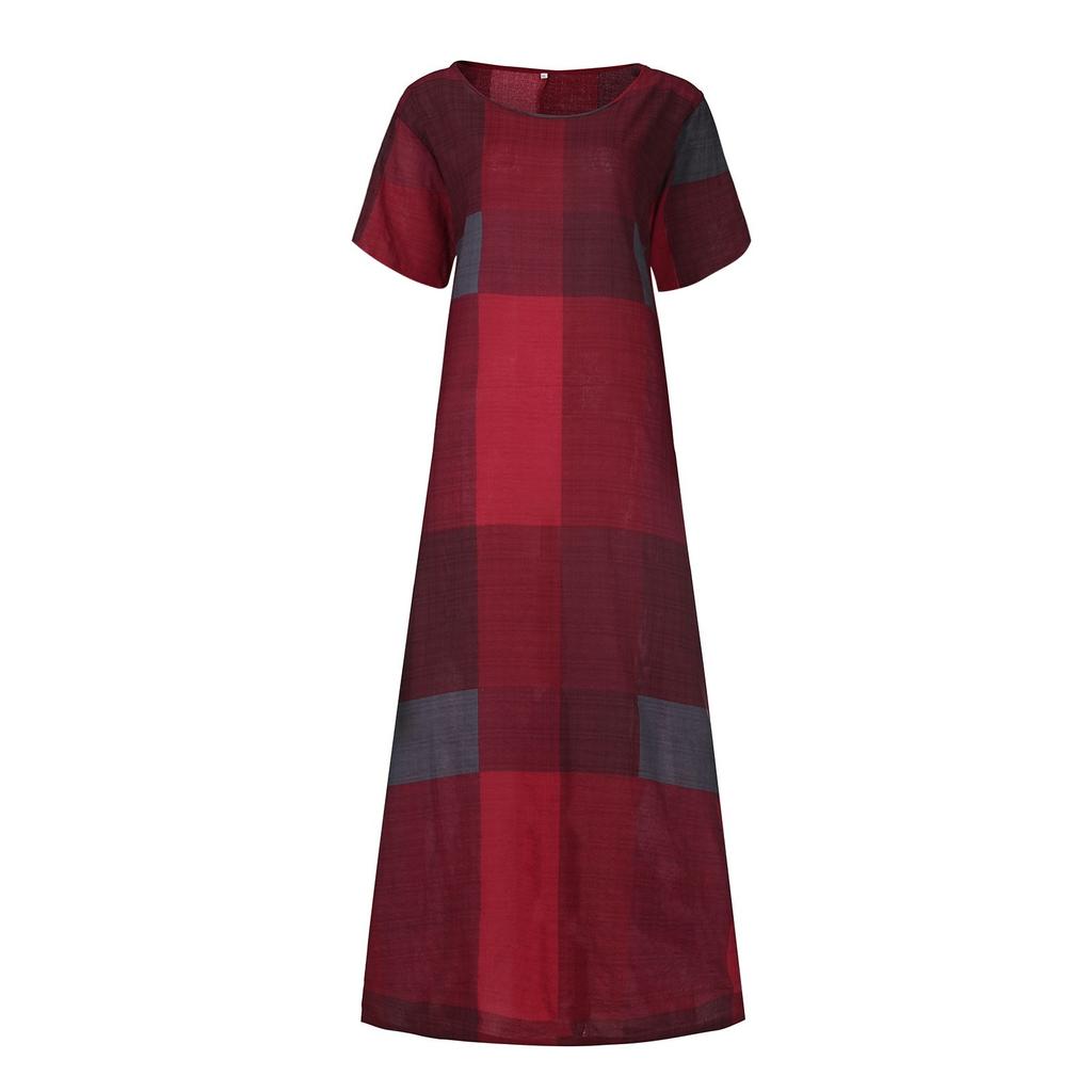 Женское повседневное платье с принтом, юбка с круглым вырезом, платье с короткими рукавами, клетчатое платье для отдыха, повседневное свободное платье