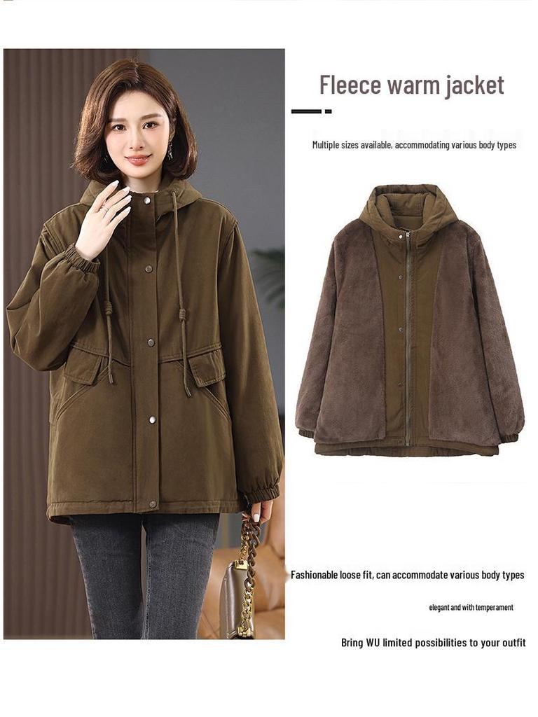 Женская хлопковая парка средней длины с капюшоном 2024 года - На флисовой подкладке, однотонная, повседневного свободного кроя, зимнее пальто