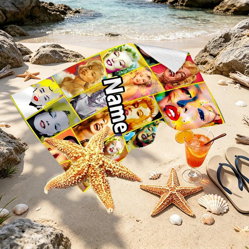 Custom Name Personalized Marilyn Monroe Print Beach Towel, for Trip Camping Beach Party Home Decor, Birthday Gift for Family & Friends