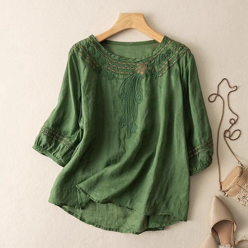 Shirt For Women Fashion Casual Cuff Sleeve Cotton Linen V Neck Top Summer Embroidery Loose T Shirt Top Short Sleeve Tops