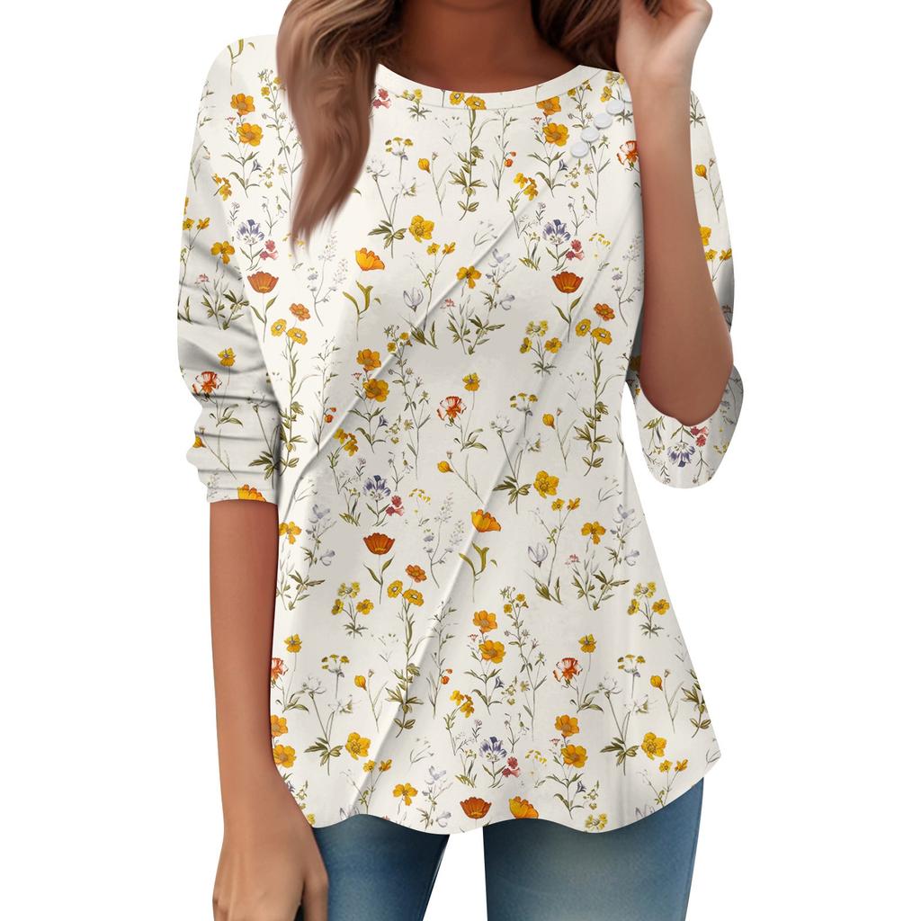 Women's Loose Casual Long Sleeve Top Round Neck Button Pull Stripe Prints T Shirt