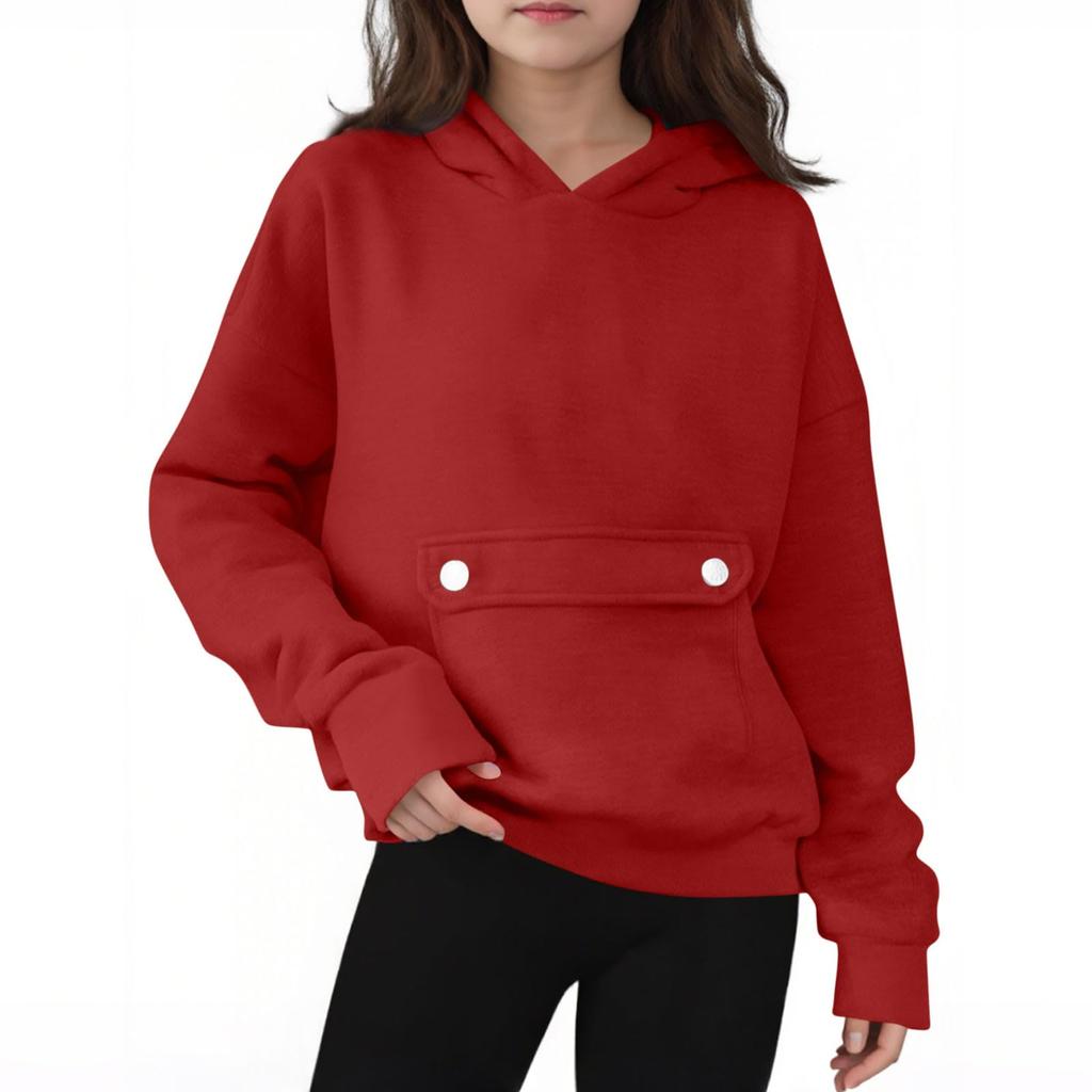 Children's Oversized Pullover Long-Sleeve Hooded Sweatshirt With Button Pockets In Solid Color