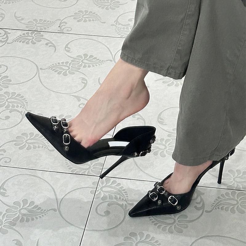 Европейские и американские новые туфли на тонком каблуке с заклепками и высокой шпилькой женские сексуальные туфли в стиле панк с полыми полыми пряжками королевские сестринские туфли