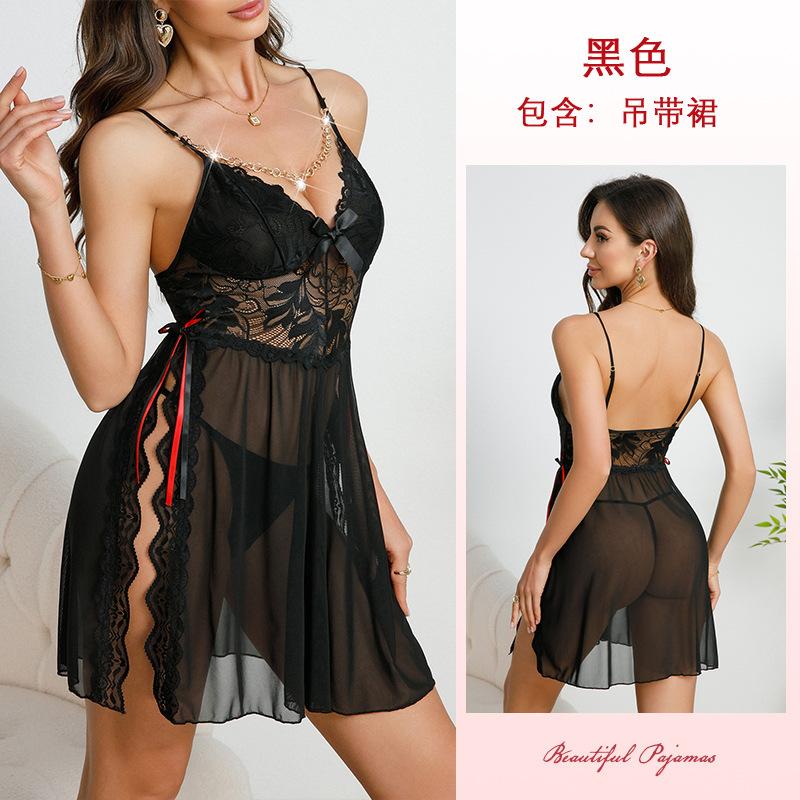 Шелковая ночная рубашка с жемчужной цепочкой и кружевом, с разрезом сбоку, с цветным бантом, сексуальная комбинация, женская одежда для дома 913, романтичная, гламурная одежда для сна с милыми акцентами в виде бантов