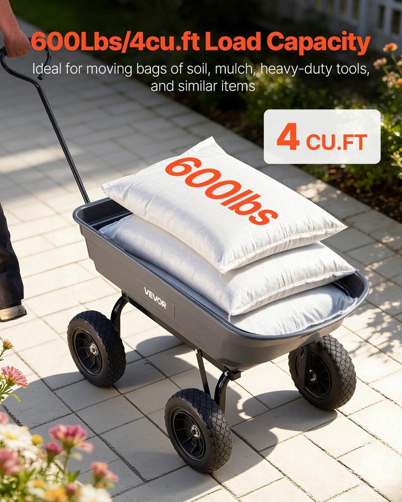 Garden Dump Cart, 272 kg Poly Dump Cart, Garden Carts Dumps Wagon with 90° Quick-Dumps Mechanism, 180° Swivel Wheels, 270° Flexible Rotating Bearings,