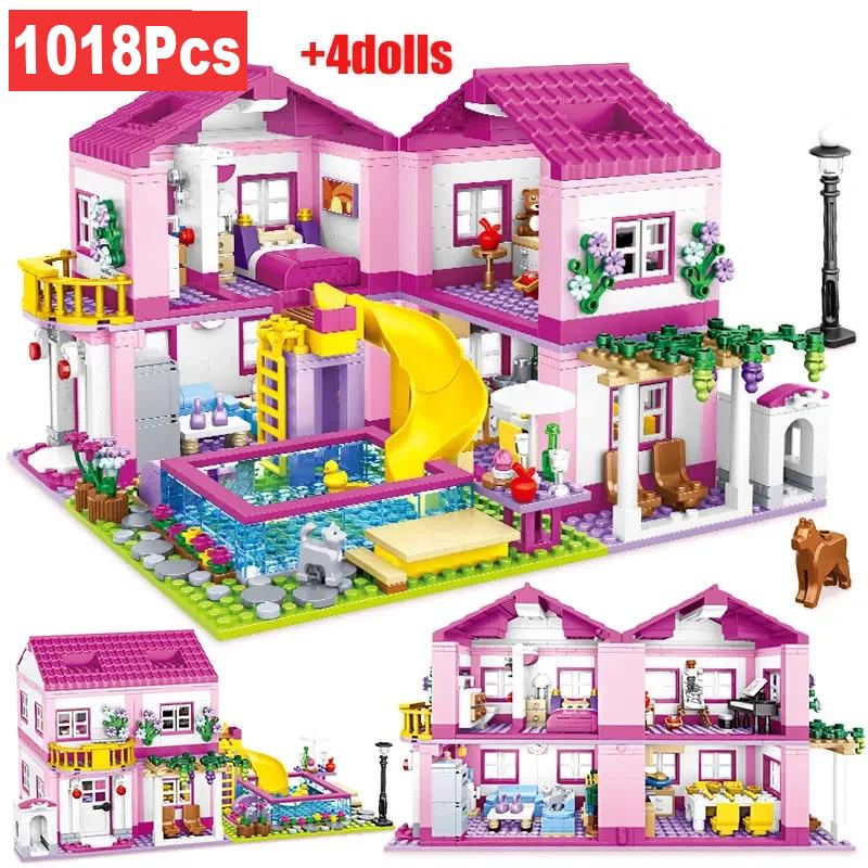 1018 шт. Город 1 смена 3 летняя двухэтажная вилла дом горка строительные блоки друзья DIY сад цветы фигурки кирпичи игрушки