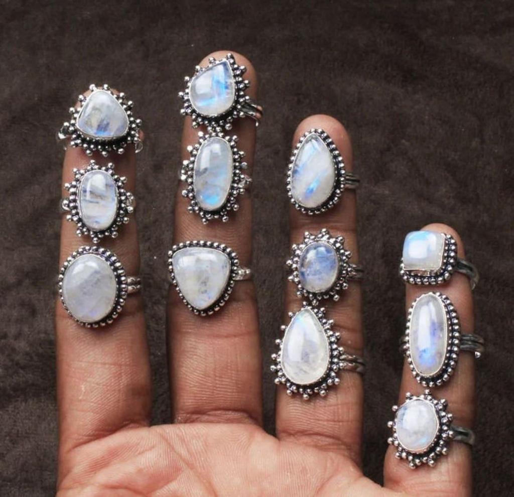 Кольцо с натуральным радужным лунным камнем, кольцо с драгоценным камнем, кольцо ручной работы с кристаллами белого лунного камня, модное кольцо в стиле бохо для женщин, оптовые кольца, ювелирные изделия