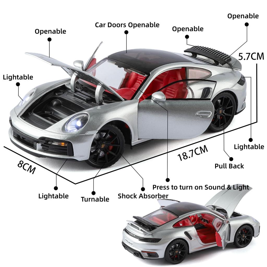 pdbn6 1/24 Porsche 911 Turbo S Diecast Alloy Metal Toy Car Miniature Model Pull Back Sound & Light Doors Openable Collection Gift Boy