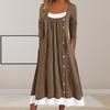 Women Fall Dress Color Matching Patchwork Fake Two-piece Pleated Button Decor A-line Side Pockets Long Sleeves O Neck Midi Dress