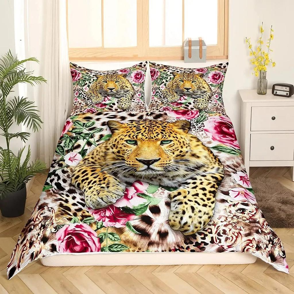 Leopard Print Duvet Cover Set Queen Cheetah Bedding Sets Geometric Comforter Cover African Safari Animal Quilt Cover Room Decor