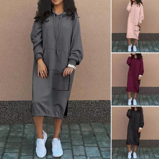 Платье Yousheng Women Fall Spring Dress с регулируемым подолом, завязками на шнурке, капюшоном, разрезом, накладным карманом, свободное однотонное платье миди с длинными рукавами, плотное платье