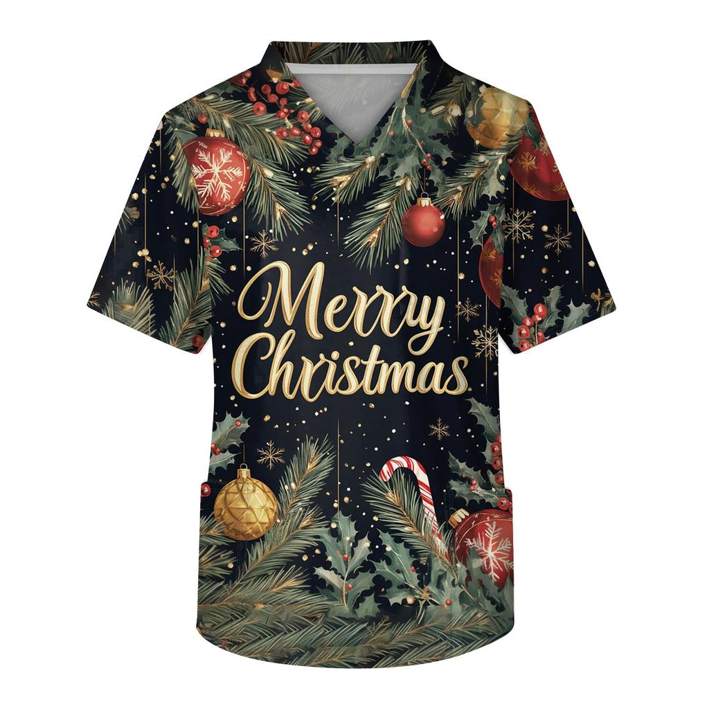 Мужской топ с коротким рукавом, V-образным вырезом, рождественским принтом и нагрудным карманом