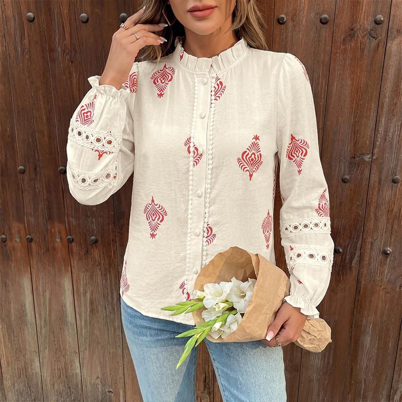 Womens 2026 Early Lace-Trimmed Round Neck Long Sleeve Shirt Blouse Casual Elegant Style