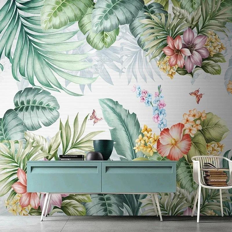 Обои Nordic Hand Painted Green Leaves Flowers Birds Murals Living Room Tv Sofa Bedroom 3d Mural Home Decor