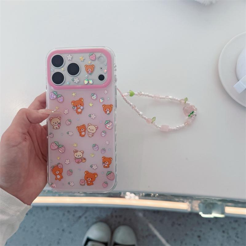Новый ударопрочный чехол 2026 года для iPhone 15 16 17 Pro Max с принтом клубники и клубничным бусинным ремешком на запястье, с большим прозрачным окошком