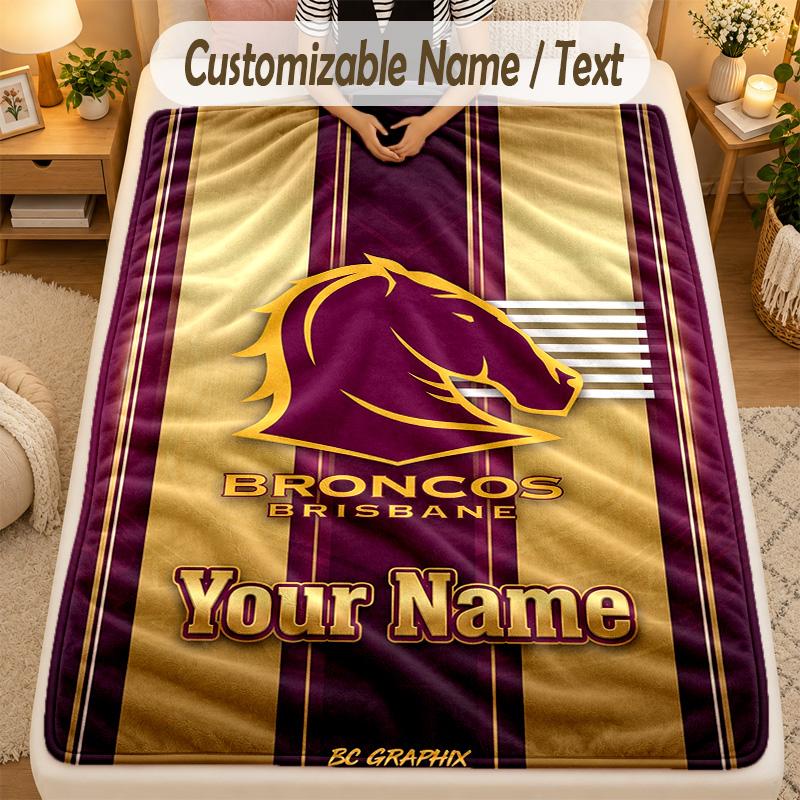 Flannel BlanketBrisbane Broncos Custom Name Text Personalized Soft Warm Throw Blanket Home Decor Gift
