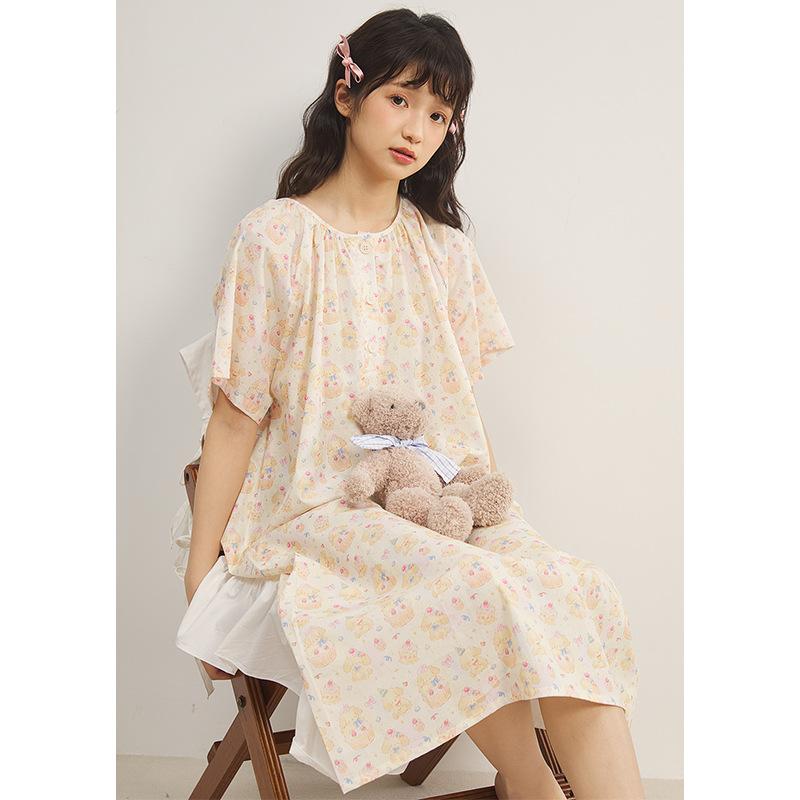 1011 summer new cartoon Korean semi-open neck floral pure cotton suspender yellow cotton nightdress women's nightdress