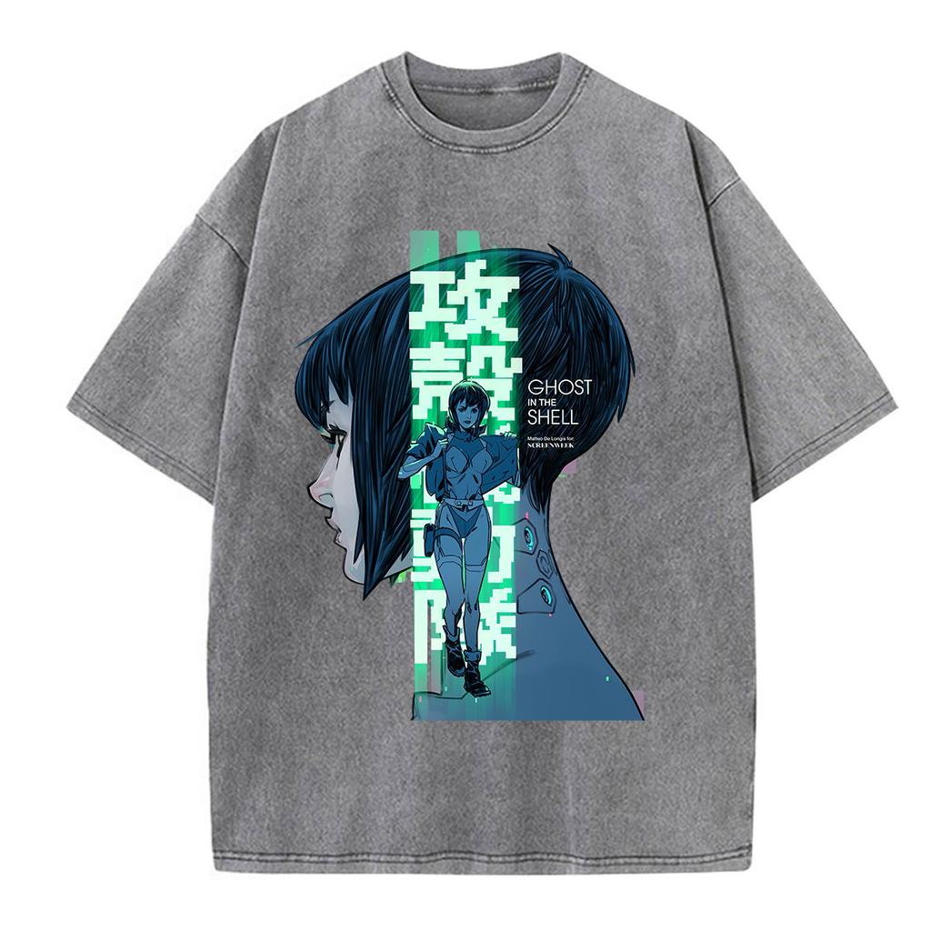 Винтажные стираные аниме-футболки Ghost in The Shell Мотоко Кусанаги для мужчин и женщин, модная одежда, панк, оверсайз, с коротким рукавом