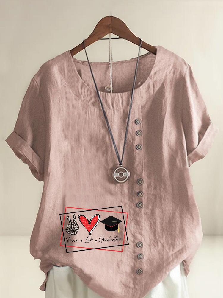 Women's Fashion Love Print Shot Sleeve T-shirt Loose Cotton Shirt Casual Loose Summer Blouse Tops Plus Size
