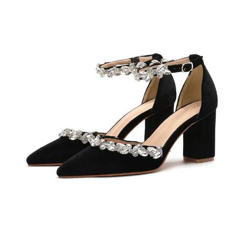 Модная женская бархатная обувь на массивном каблуке, с острым носком, с открытой промежностью, со стразами на ремешке, свадебная обувь для невесты и подружек невесты