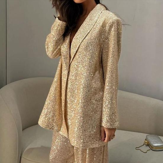 Женская рубашка с пайетками, брюки, лацкан, V-образный вырез, мешковатая, с длинным рукавом, средняя длина