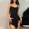 Summer Women Dress Irregular Ruffle Hem Low-cut V Neck Sleeveless Skinny Backless Spaghetti Strap Pleated High Waist Party Nightclub Dating Mini Dress