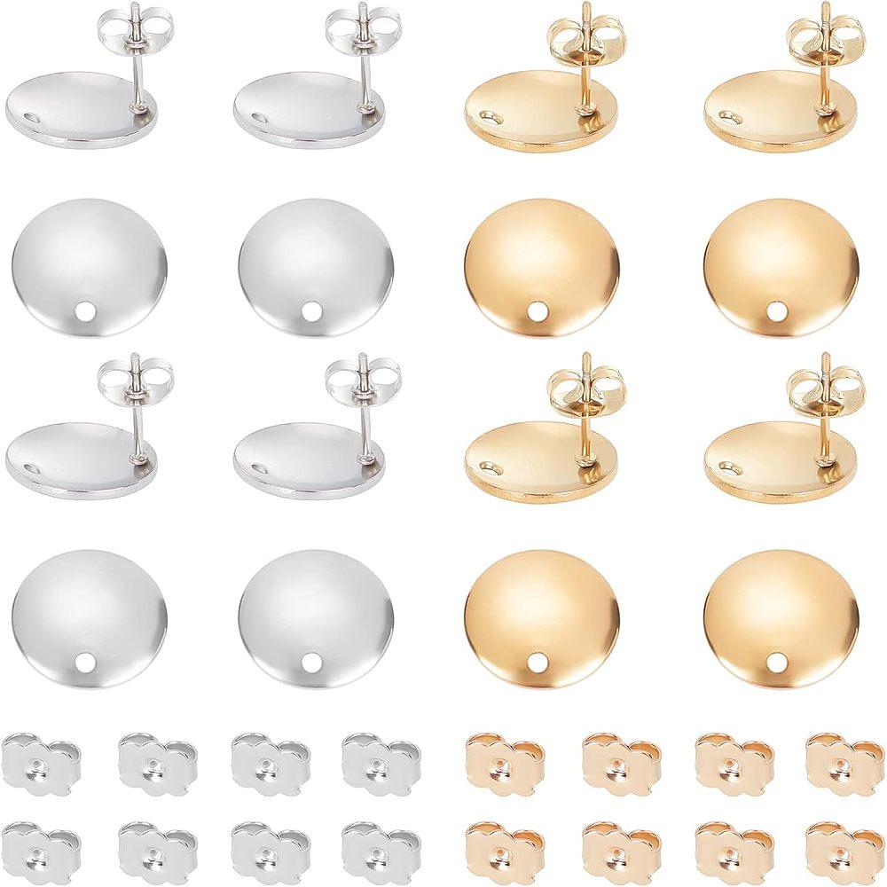 40Pcs 2 Colors 304 Stainless Steel Stud Earring Findings with Loop & 40Pcs 2 Colors Ear Nuts Flat Round Golden & Stainless Steel Color 13x2mm