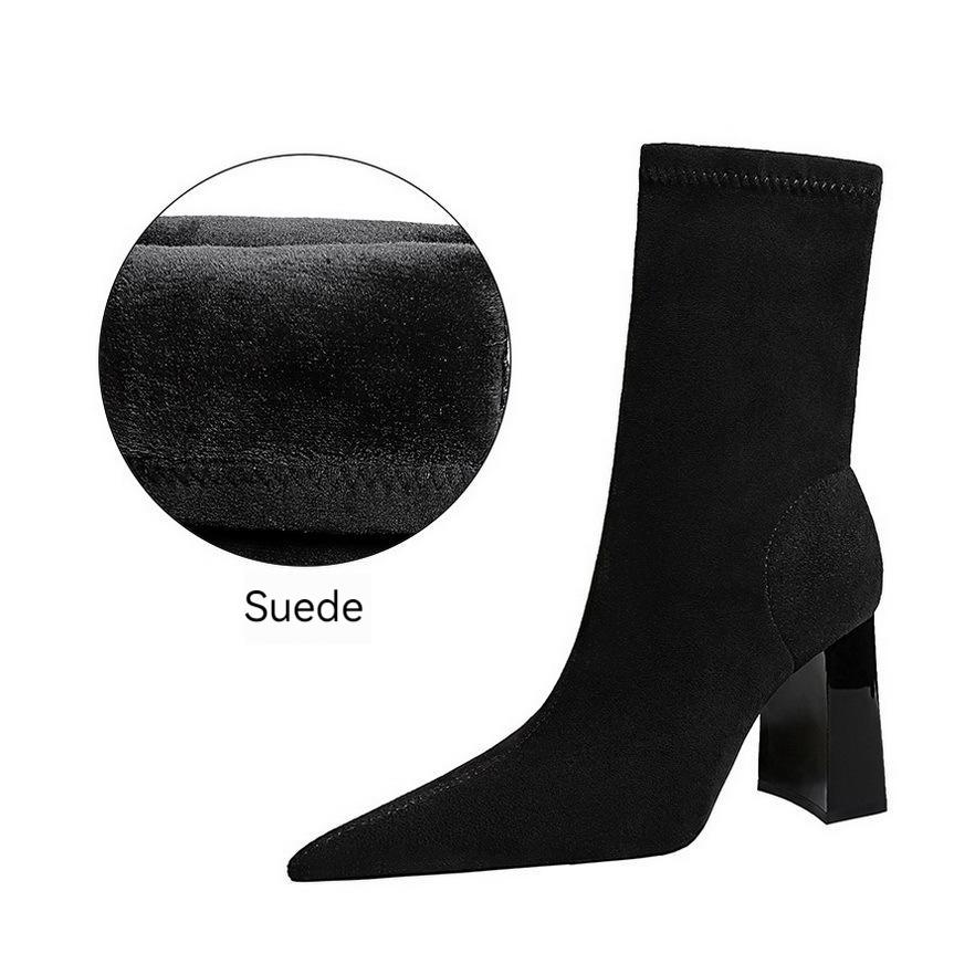 Сексуальные замшевые короткие сапоги на очень высоком толстом каблуке в европейском и американском стиле с острым носком, женские сапоги