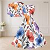 Women Plus Size Two Piece Set Black White Floral Printed Sleeveless Square Neck Tie Waist Flared Dress Short Sleeve Cropped Shrug