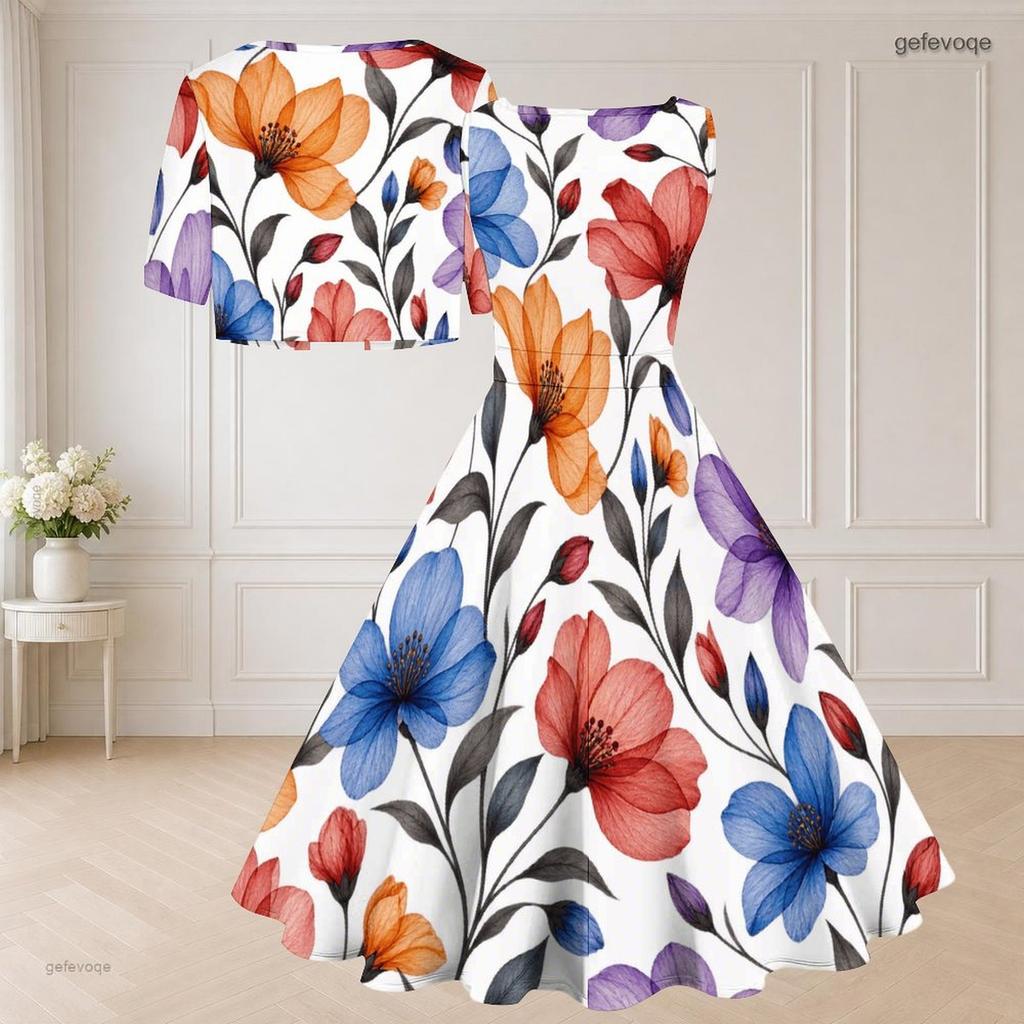 Women Plus Size Two Piece Set Black White Floral Printed Sleeveless Square Neck Tie Waist Flared Dress Short Sleeve Cropped Shrug