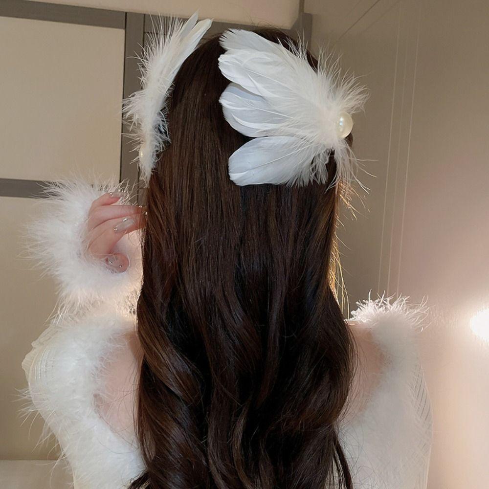 Жемчужно-белый лебедь заколка для волос головной убор балетные жемчужные заколки изысканные перьевые заколки для волос хипстер