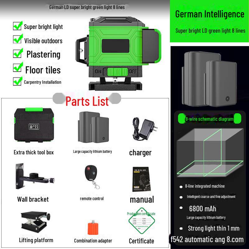 Высокоточный 16-линейный лазерный уровень с 12 зелеными световыми линиями для автоматического выравнивания пола и стен