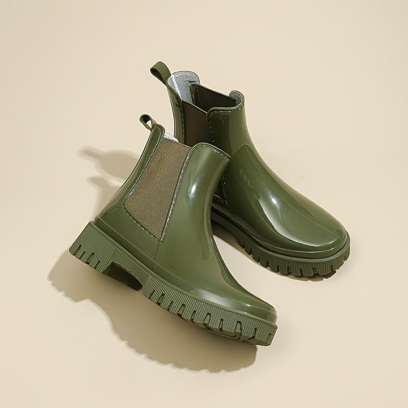 Женские резиновые сапоги на толстой подошве, эластичные вставки для легкого надевания, амортизирующий комфорт, черно-желто-зеленые, модная повседневная и профессиональная обувь