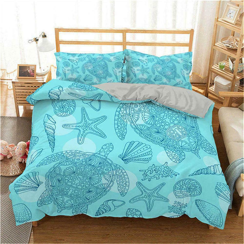 Sea Turtle Bedding Ocean Duvet Cover Set Teal Mediterranean Style Marine Theme Design Ocean Bedding Sets Queen King Twin Size