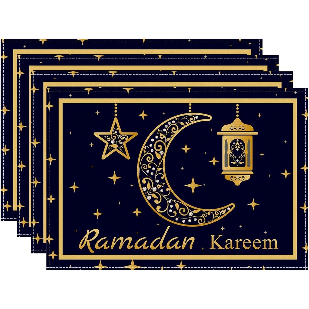4/6pcs Black Golden Moon And Stars Lantern Placemats for Eid Mubarak Blessing, Seasonal Everyday Holiday Decor for Home Kitchen Restaurant Party