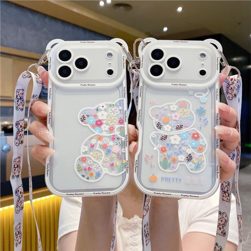 Корейский Милый Цветочный Медведь Ушки Сумка-чехол на ремешке через плечо для iPhone 17 16 15 14 13 12 11 Pro Max XS Max 7 8 Plus Чехол Женский Девочки
