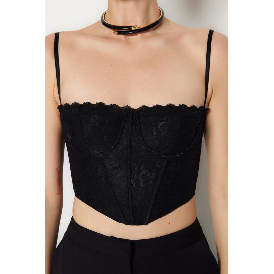 Crop Lined Corset Detailed Lace Bustier
