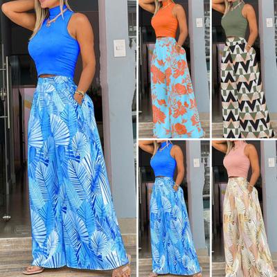 Комплект из 2 шт./компл., женский топ, брюки, комплект без рукавов с полувысоким воротником, облегающий комплект с высокой талией, широкими штанинами и глубоким промежутком, с цветочным принтом, отпуск, пляжный укороченный топ, комплект брюк