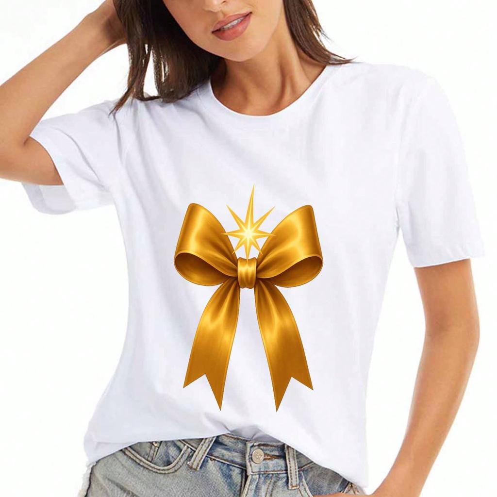 Golden Ribbon Bow unisex Cotton T Shirt, Pure Cotton HighQuality Print, Durable, Casual And Fashionable. Adorable Star Detail, Festive Holiday Style,