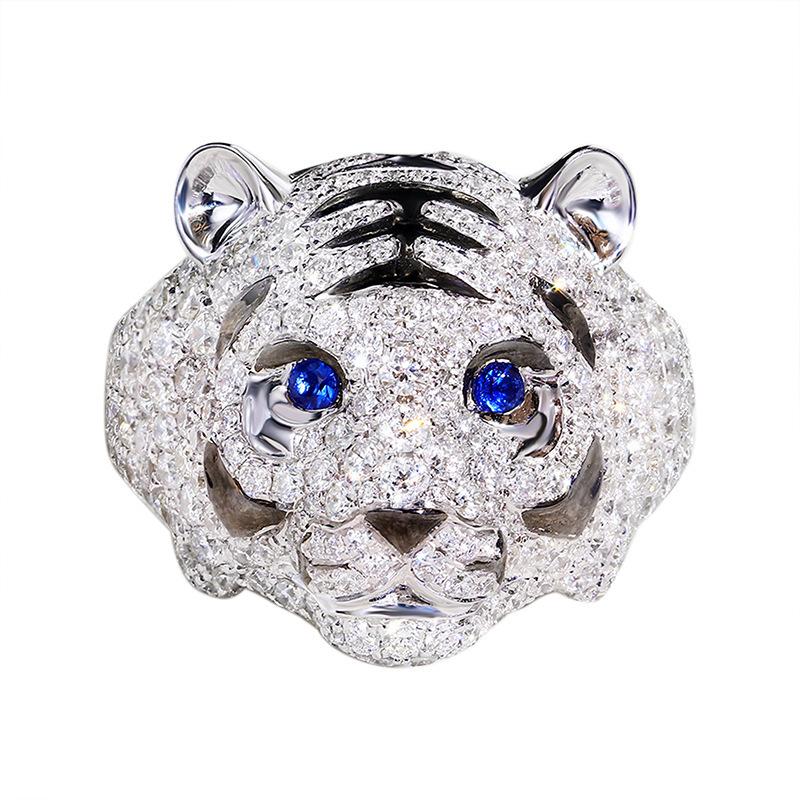 Дизайн тяжелой промышленности Микро-инкрустация бриллиантами Властное кольцо с тигром Женское, Сапфировое ожерелье с тигром и леопардом, Серьги-пусеты со знаком зодиака Тигр, комплект