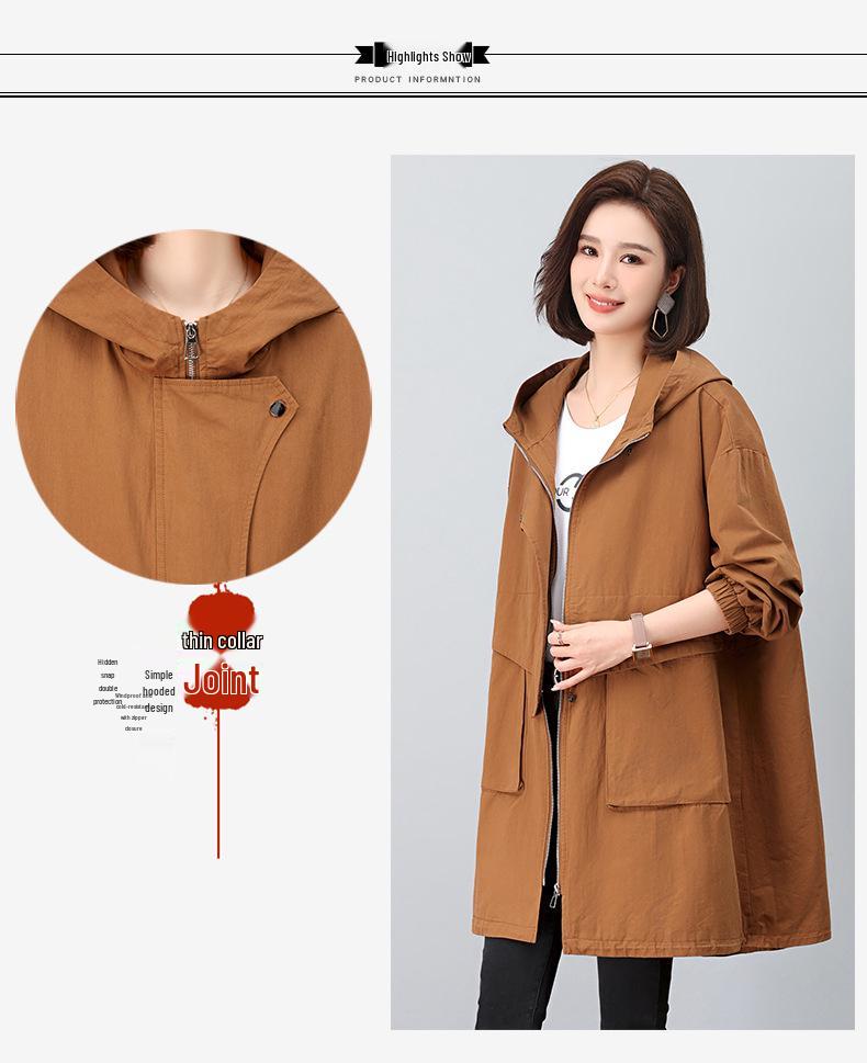 Тренч миди с капюшоном больших размеров для женщин 2024: Свободная, повседневная и модная верхняя одежда в весенне-осеннем стиле для мам.