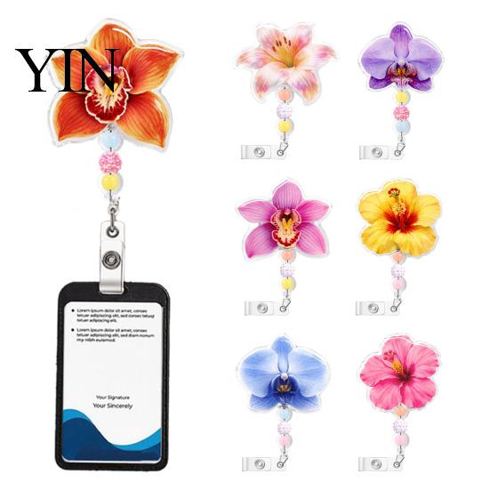 Decorative ID Badge Reel for Nurses Cute Flower Reels, Retractable Nurse Clip with Beaded Secure Backpacks Charm, Floral Name Card Holder Teacher