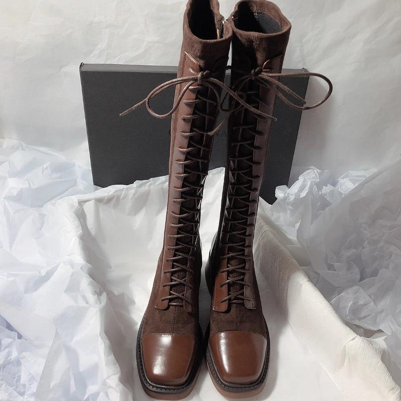 Высокие ботинки на блочном каблуке Осень Новые Квадратный носок Сборный перед Шнуровка сбоку Матовые Противоскользящие Износостойкие Одинарные ботинки