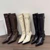 Studded Metal Buckle High Boots Autumn New Pointed Toe Zip Stiletto Heel Women's Single Shoes