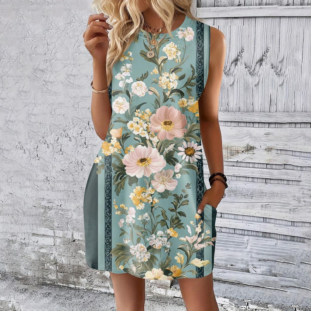Women's Casual And Fashionable Round-neck Sleeveless Printing Mid Length Dress