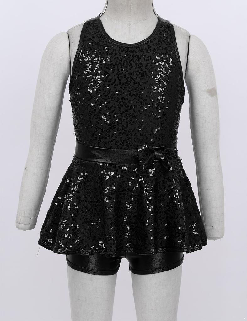 Детская джазовая современная танцевальная одежда для девочек, платье-купальник без рукавов с блестками и бантом на талии, балетное танцевальное трико