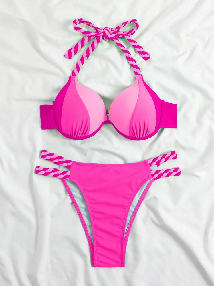 Лето Новое бикини для пляжной вечеринки женский сплит сплошной цвет стальная пластина сексуальный купальник бикини с контрастной строчкой