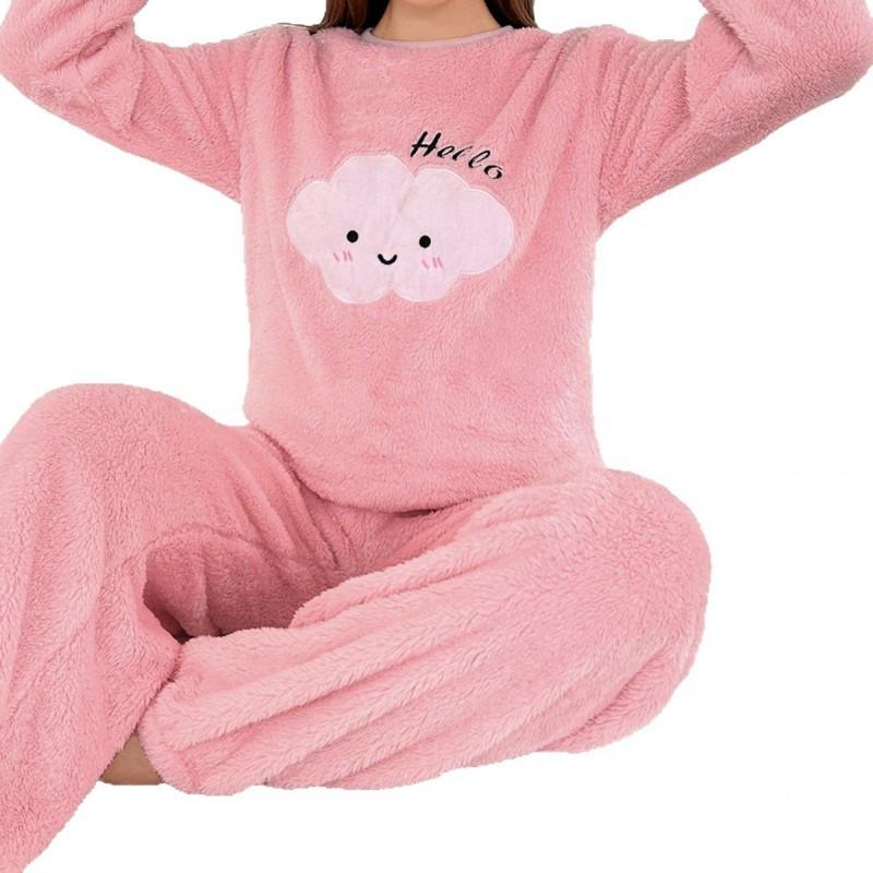 Soft Cloud Embroidery Flannel Pajama Set Women - Cozy Warm Winter Sleepwear With Round Neck Long Sleeve