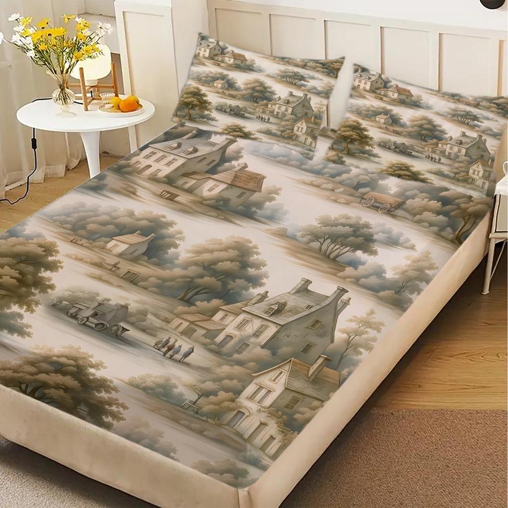 Комплект простыней на резинке с 3D-принтом в стиле китайской классической живописи, 100% микрофибра, чехлы для матраса, дышащий постельный комплект с 2 наволочками