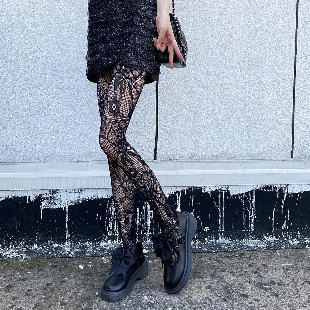 Японские милые темные чулки JK Mesh Fishnet: Красно-черные подтяжки с антизацепом, полые, с тонким дном